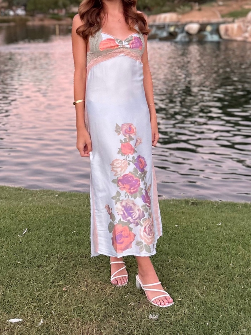 🌸🌺🌼Free People Intimately Light Blue Floral Lace Trim Long Slip Dress🌼🌺🌸